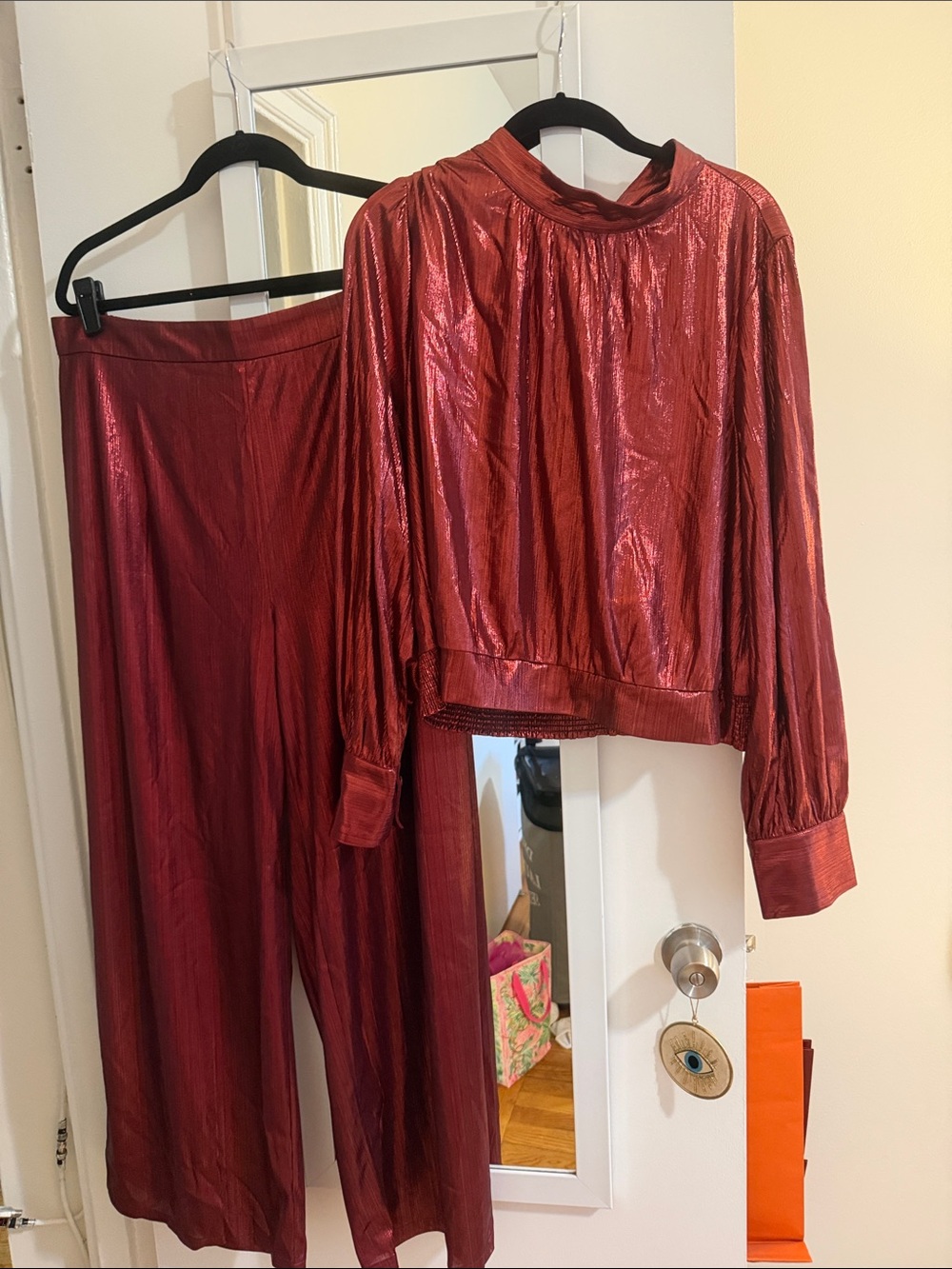Greylin Metallic Red Wide-Leg Pants with Matching Long-Sleeve Top